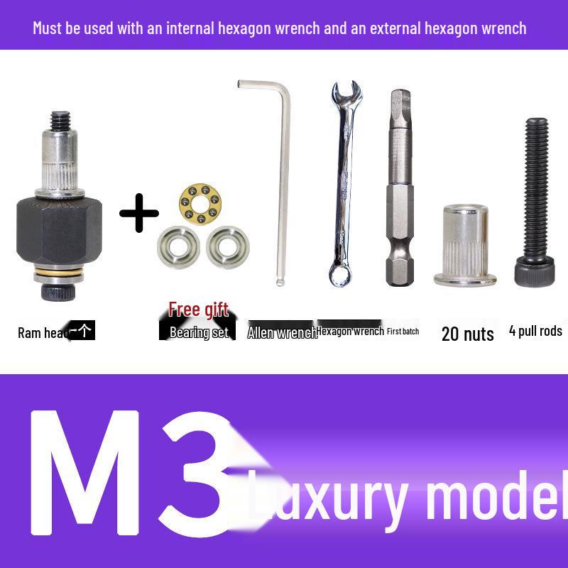 Multi-Purpose Electric Rivet Tool with Manual Wrench and Nut Head Attachment