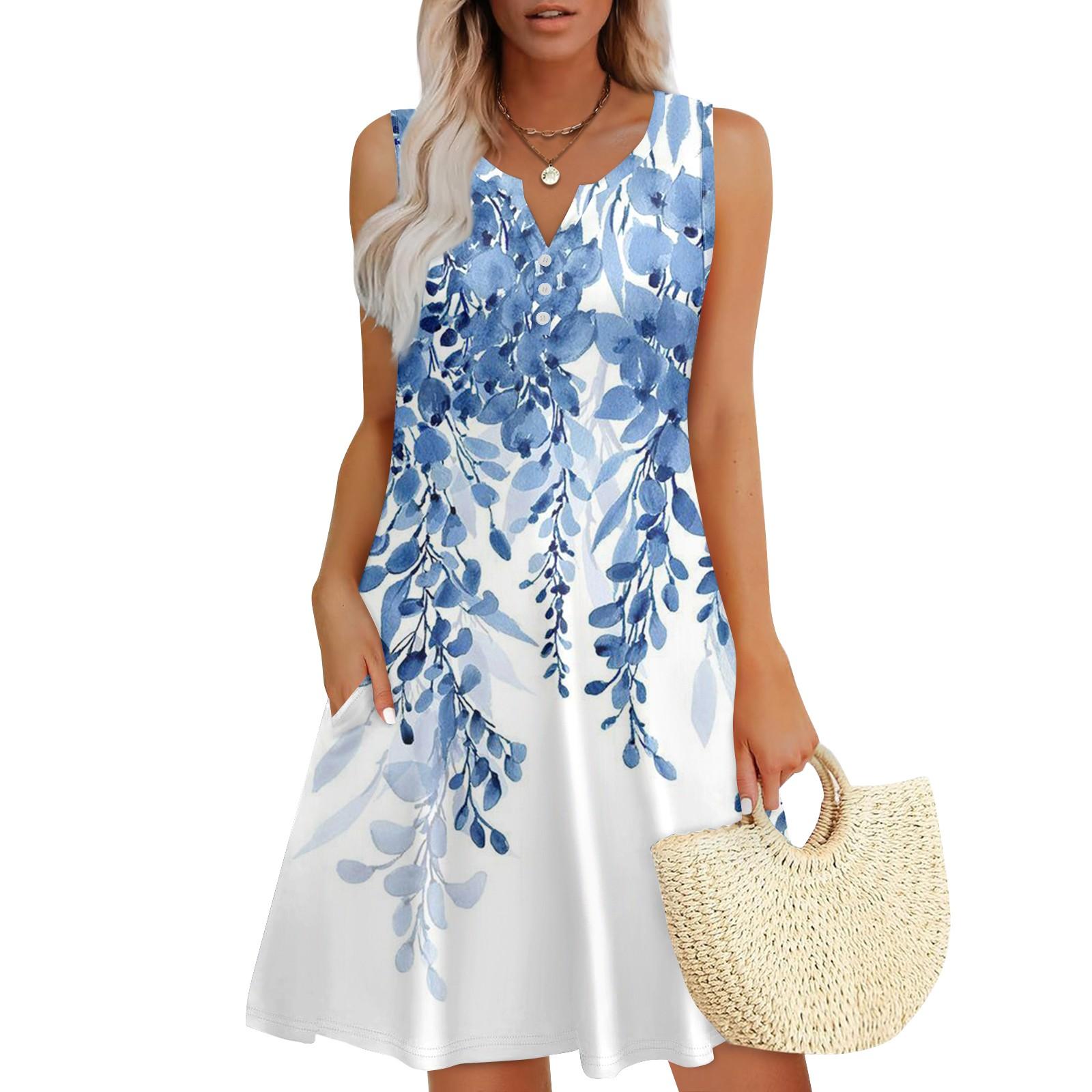 

Женские летние платья Свободные сарафаны без рукавов с V-образным вырезом Платье с карманами M синий
