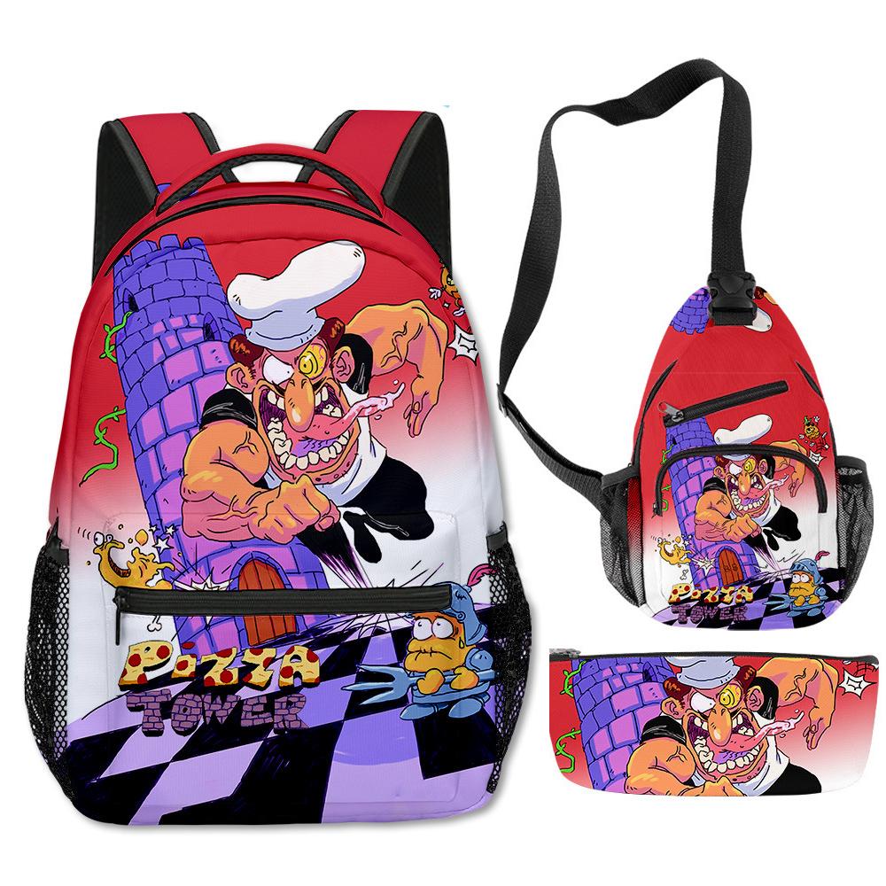 Klassisch Neuheit Eigenartig Cool Pizza Turm 3D Druck 3er Set Schultaschen Multifunktionale Reise Rucksack Brusttasche Federmäppchen