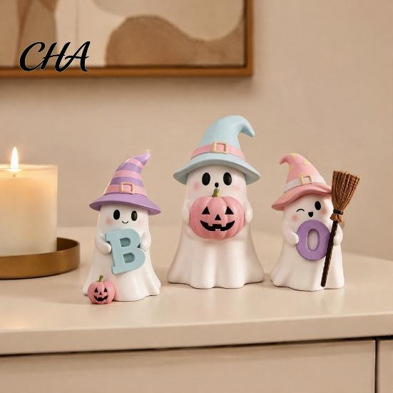 Unique Halloween Holiday Gifts 3Pcs Pink Ghost Figurines, Cute Spooky Resin Desk Decor with Pumpkin Boo Letter Ornaments BOO Letter, Sweet Tabletop