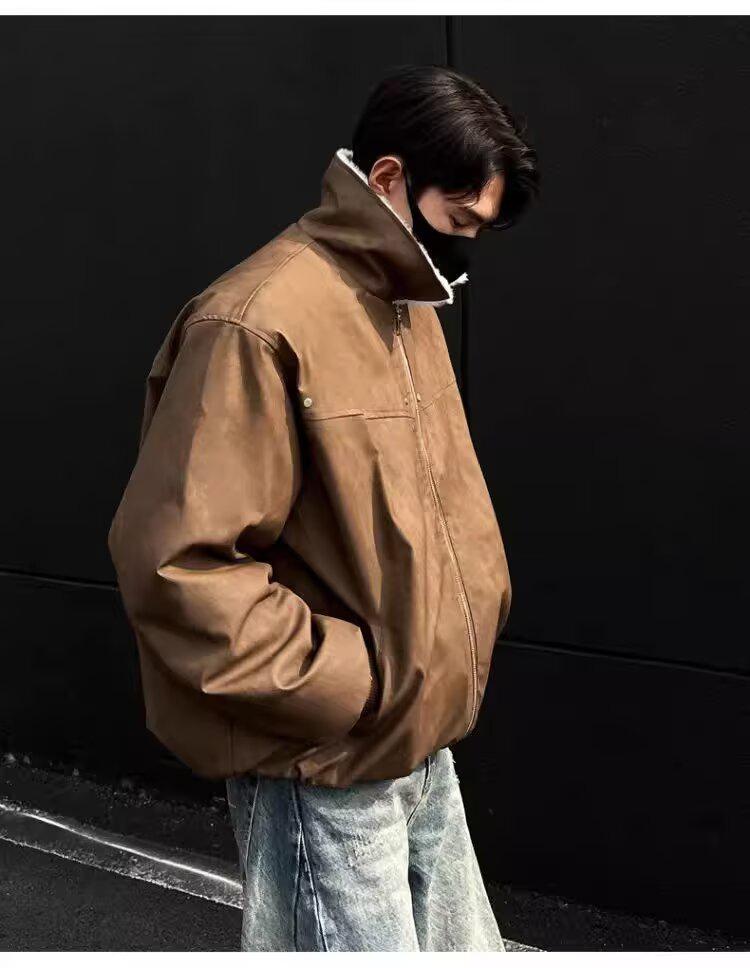 Men's Retro Tie-Dye Lamb Wool One-Piece Coat with Velvet Thickened, Turn-Down Collar, and Leather Accents