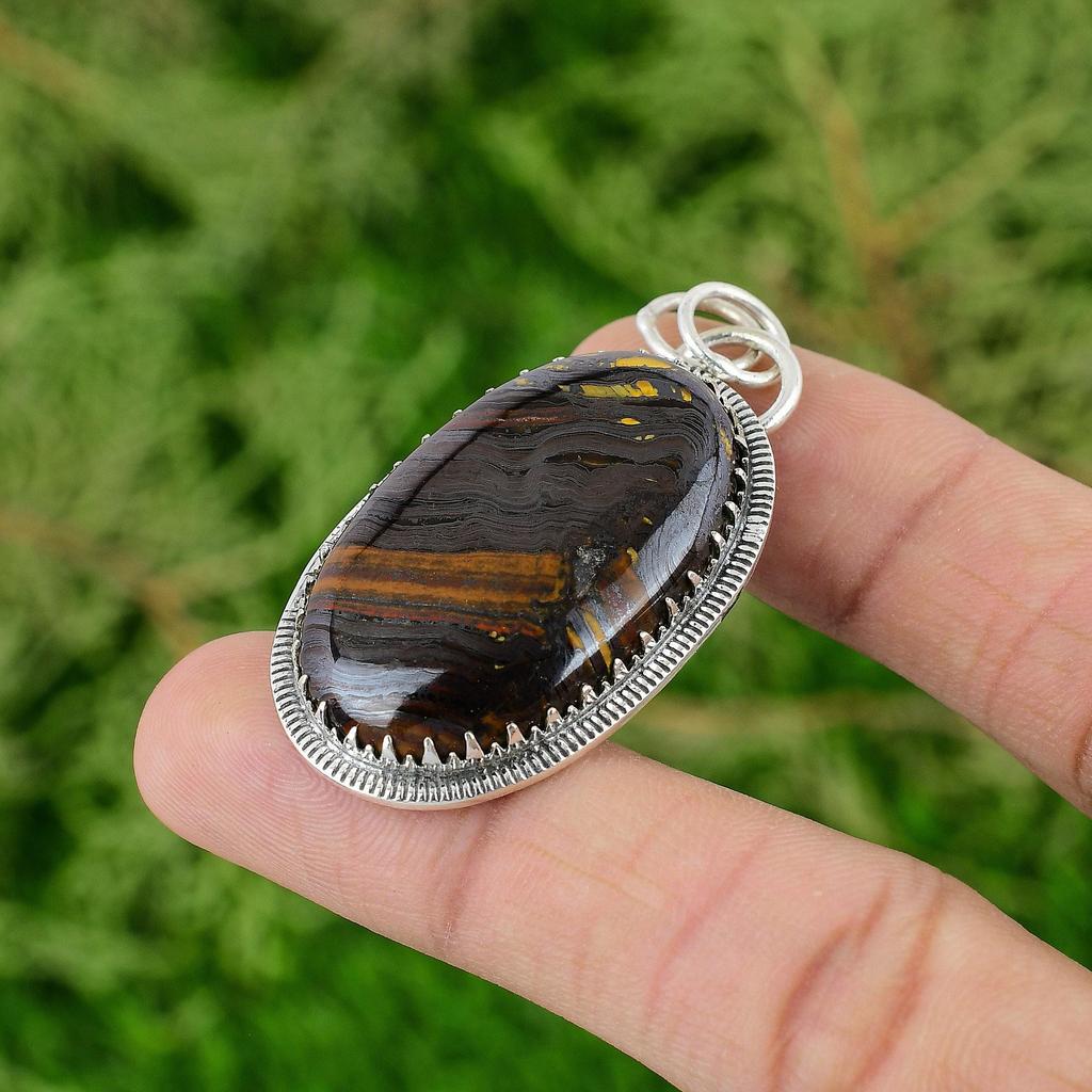 925 Silver Oval Iron Tiger Eye Gemstone Daughter Birthday Trendy Pendant Jewelry