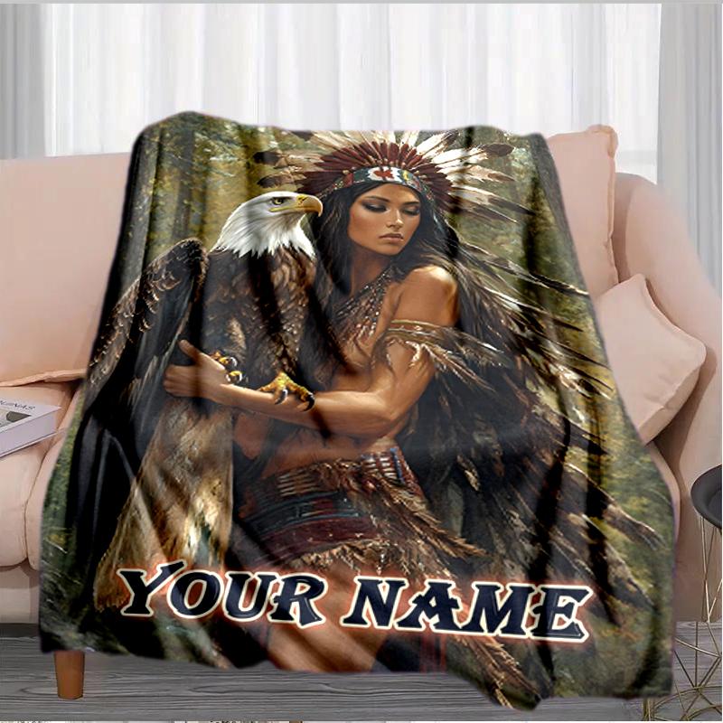 1PC Custom Name Eagle Spirit Warrior Flannel Blanket Versatile,all-season Throw Suitable for the Living Room,bedroom,camping,travel,and Gift