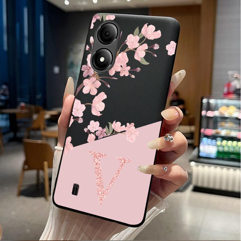 Black Case For ZTE Blade A33S Fundas Beautiful Flower Printing Initial Letters Phone Casing Soft Silicone Protective Back Cover
