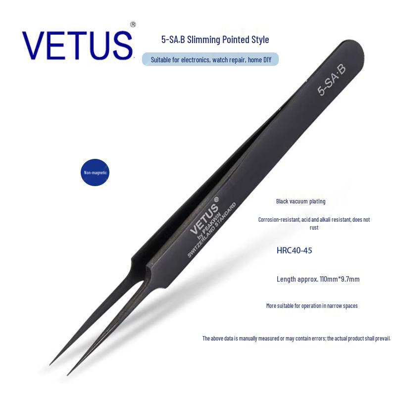 VETUS SA Black Series 302 Stainless Steel Precision Tweezers for Mobile, Watch Repair, Hair Removal, and Bird's Nest Picking