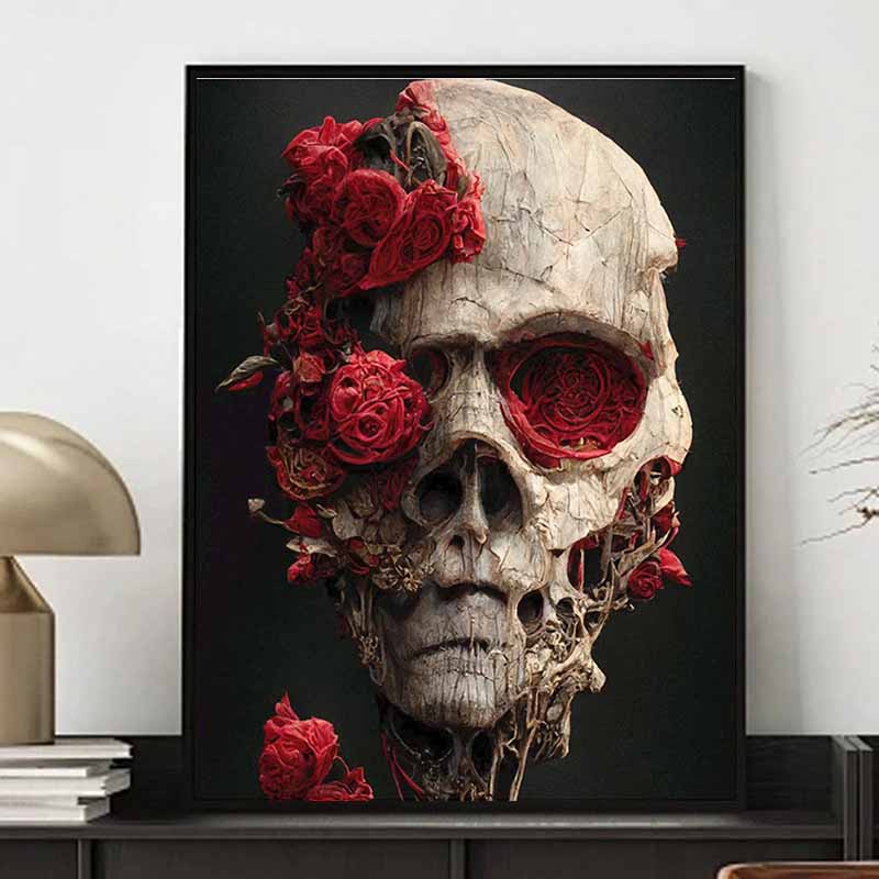 DIY Diamantmalerei Rose Schädel Kreuzstich-Set, Mosaik Kunst Diamantmalerei Vollkreis Diamant Heimdekor Wandbild