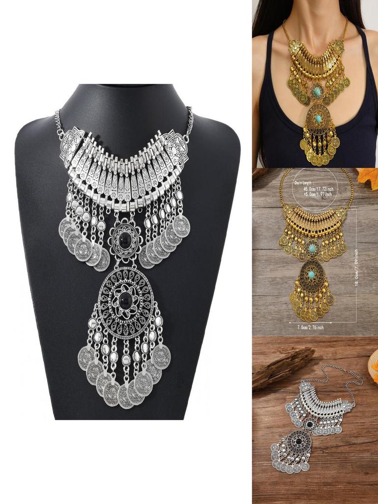 Classic Gold Silver Finish Coin Tassel Necklace With Geometric Pendant For Festival Wear