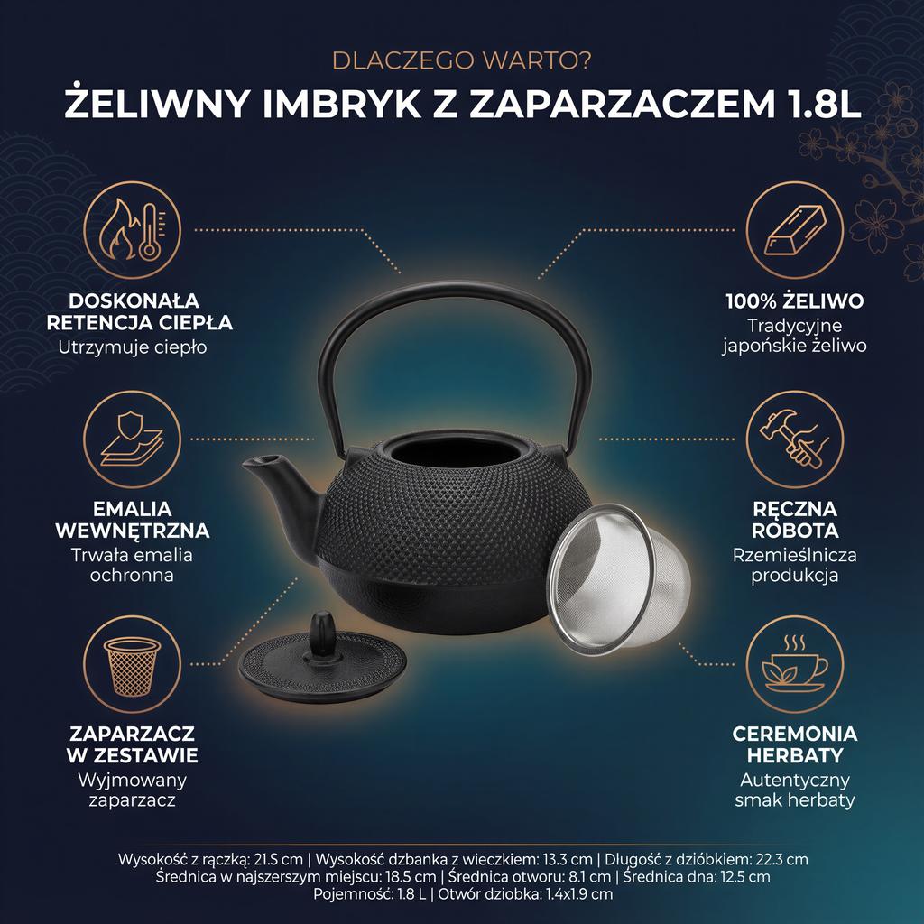 CAST IRON KETTLE 1.8L LARGE BLACK FOR TEA + STEEL INFuser