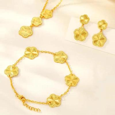 Vietnam Sand Gold Flower Necklace & Earring Set: Gold-Plated Copper Jewelry for Ladies