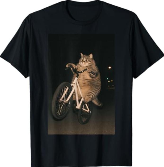 Cute Cat On Bike Animal Funny Meme T-Shirt XXXL