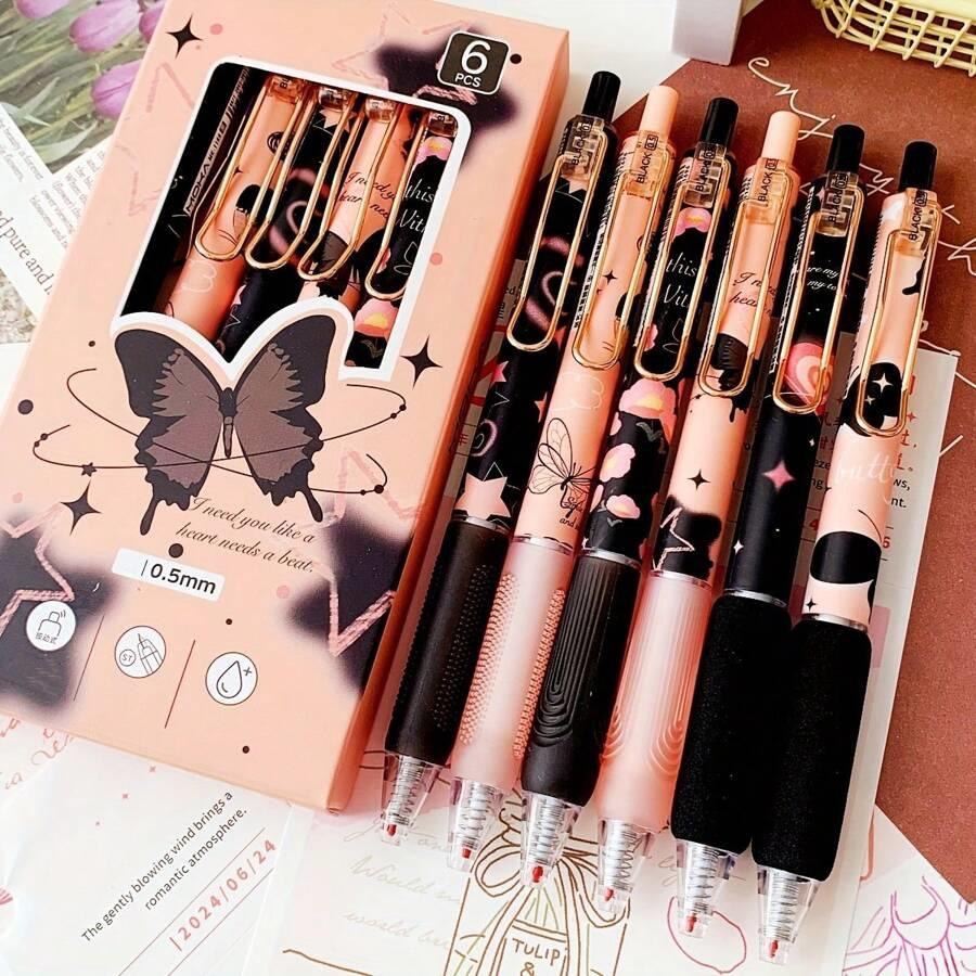 6pcs Butterfly Gel Pen Set 0.5mm Black Ink Flower Rose Sweet Ballpoint Pens for Writing Student School Supplies
