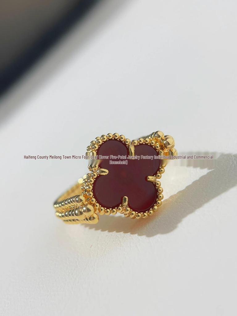 18K Rose Gold Double-Sided Ring: Red and Blue Agate Four-Leaf Clover Flip Design
