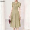 ZANZEA Womens Casual Lapel Collar Solid Color Short Sleeve Elegant  A-line Dress