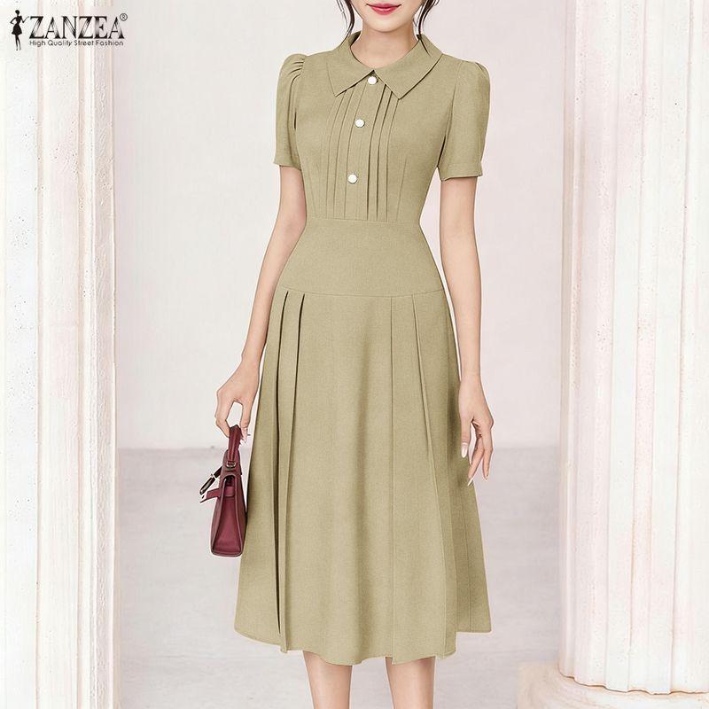 ZANZEA Womens Casual Lapel Collar Solid Color Short Sleeve Elegant A-line Dress