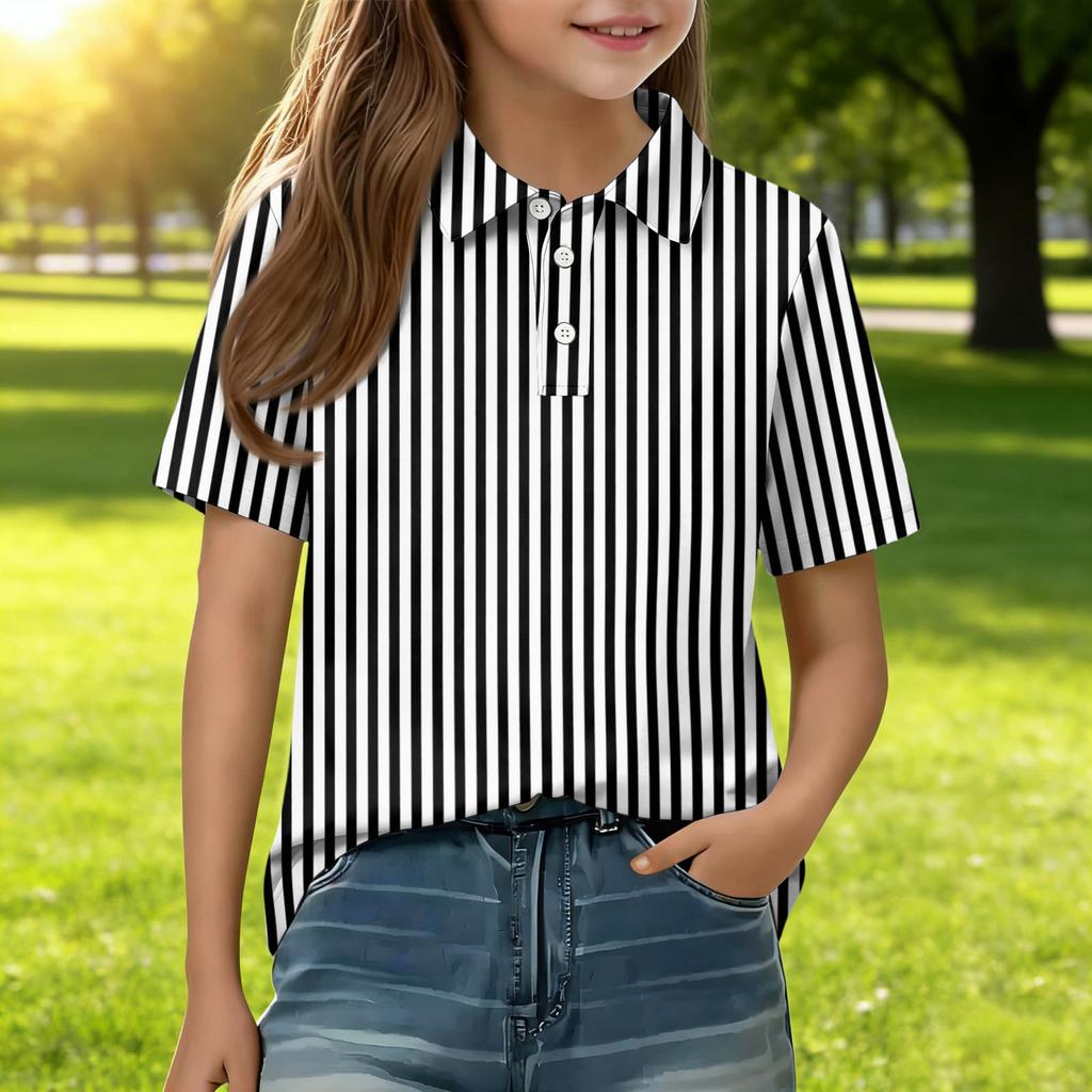 Kids Casual Short Sleeve Polo Shirt Striped Print Button Down Collar Lightweight Breathable Top for Boys Girls Summer Wear