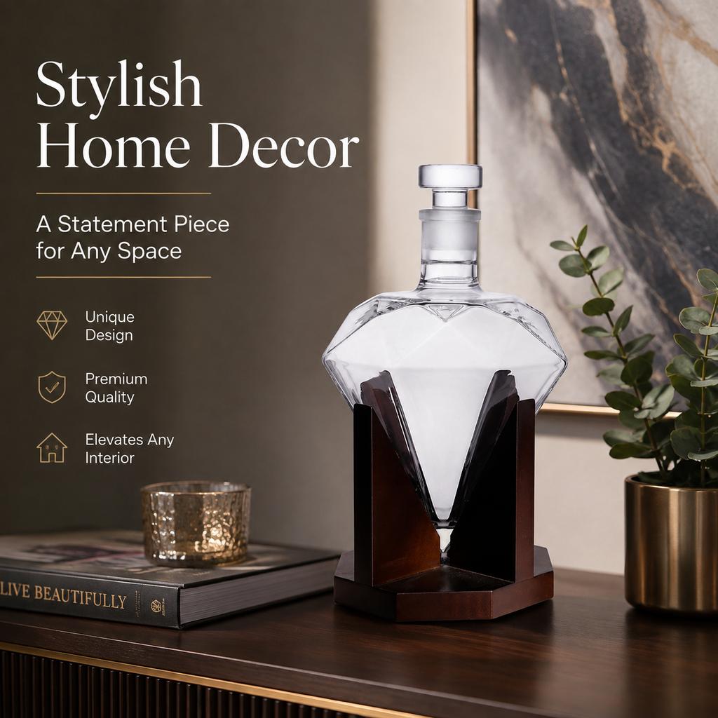 Diamond Shape Glass Decanter with Wooden Stand, Whiskey Liquor Bottle with Glass Stopper for Home Bar Decor