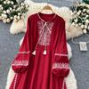 Schickes Vintage Langarm Locker Schlank Elegant Fee Koreanische Mode Boho Sommerkleid Damenbekleidung Langes Kleid