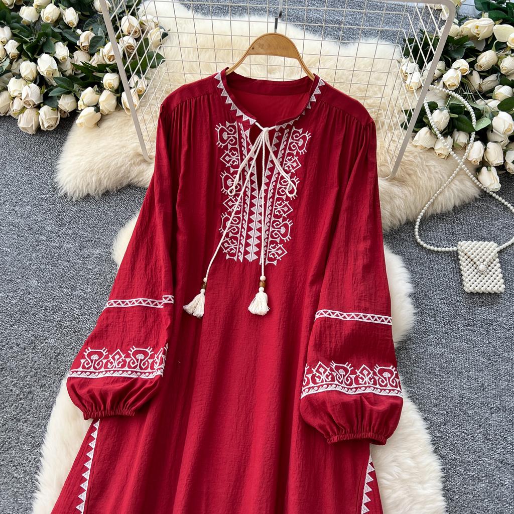 Schickes Vintage Langarm Locker Schlank Elegant Fee Koreanische Mode Boho Sommerkleid Damenbekleidung Langes Kleid