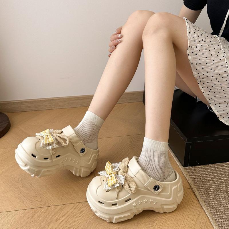 Sweet bow strap hole shoes women's summer wear new cool slippers thick sole height increase versatile beach shoes