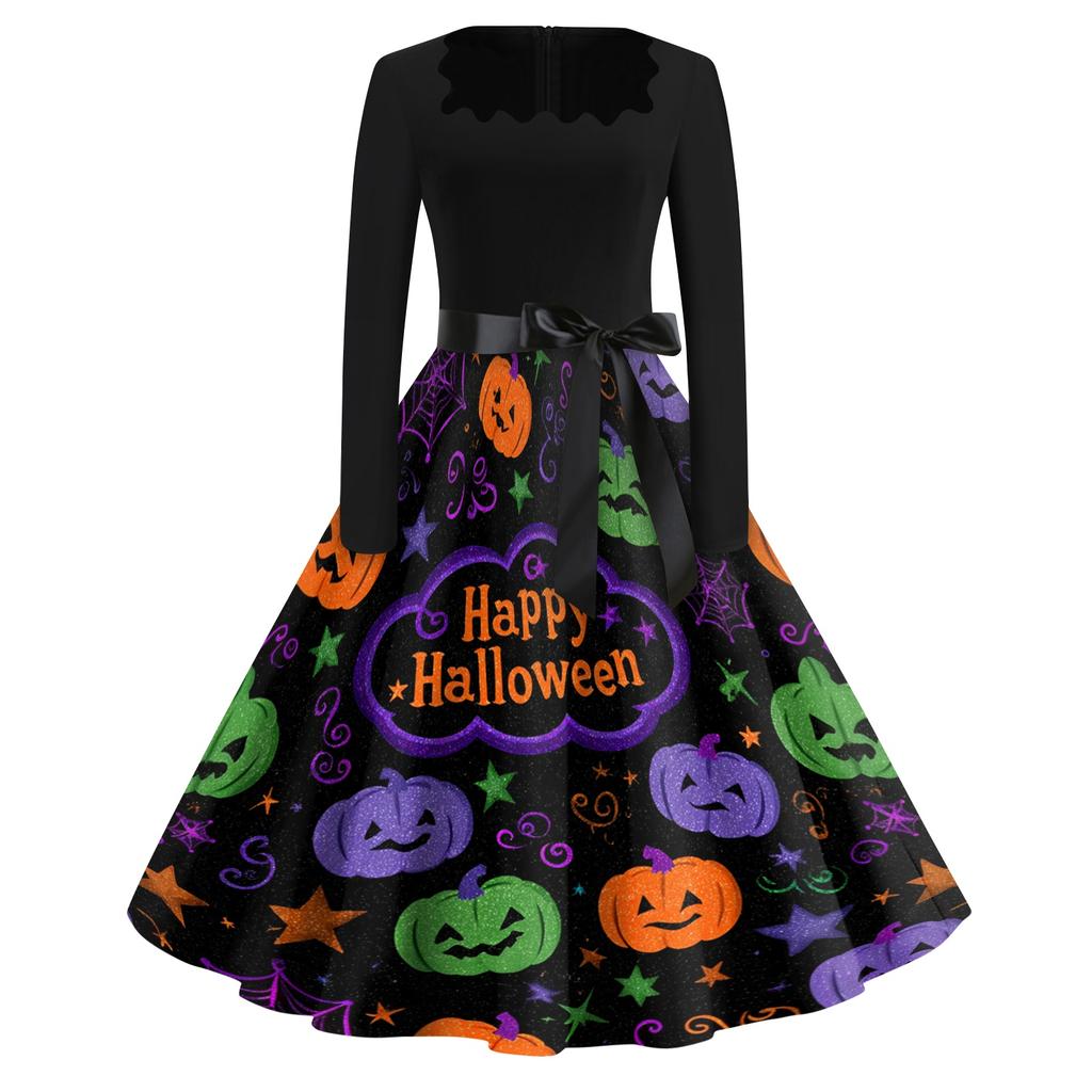 Women's Vintage Square Neck Casual Dress with Halloween Print for Fall Occasions