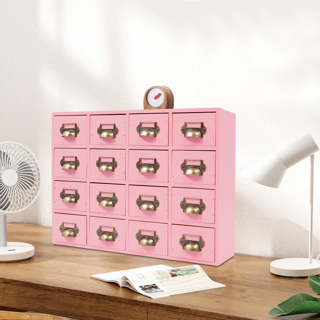 16-Compartment Drawer Storage Cabinet – Vintage Pink Solid Wood Desktop Organizer – 22 lbs Load Capacity