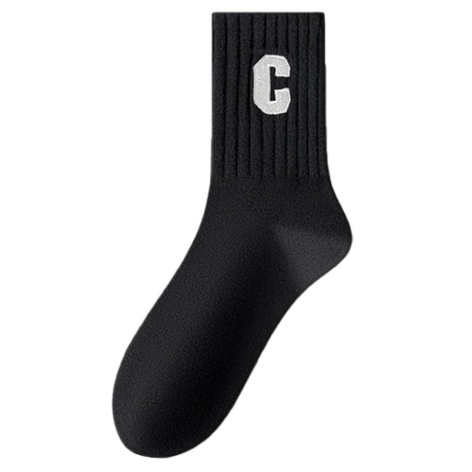 Women's Mid-calf Sweat-wicking Cotton Socks with Trendy Embroidered C Letter - Autumn/Winter Collection