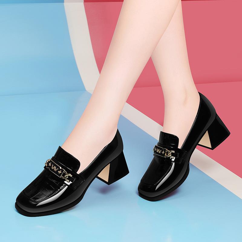 Black loafers women's shoes thick heel spring new women's British style single shoes high