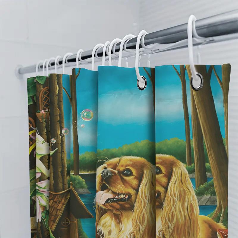Magical Fairy Garden Decor Shower Curtain Fantasy Landscape With Dog Print Wall Hanging For Bathroom