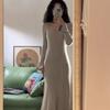 Slim and thin design sense medium and long knitted skirt early autumn lazy style temperament beautiful dress