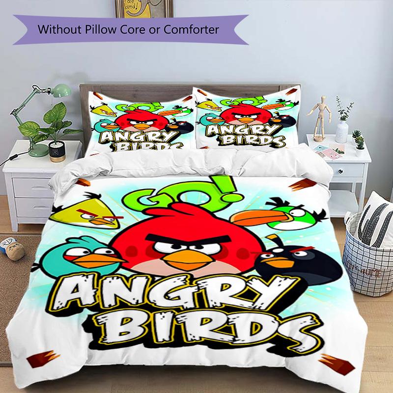 3pcs Duvet Cover Set (1*Duvet Cover + 2*Pillowcase, Without Core), Angry Birds Print Bedding Set, Bedroom Decor, All‑Season, Birthday Gift