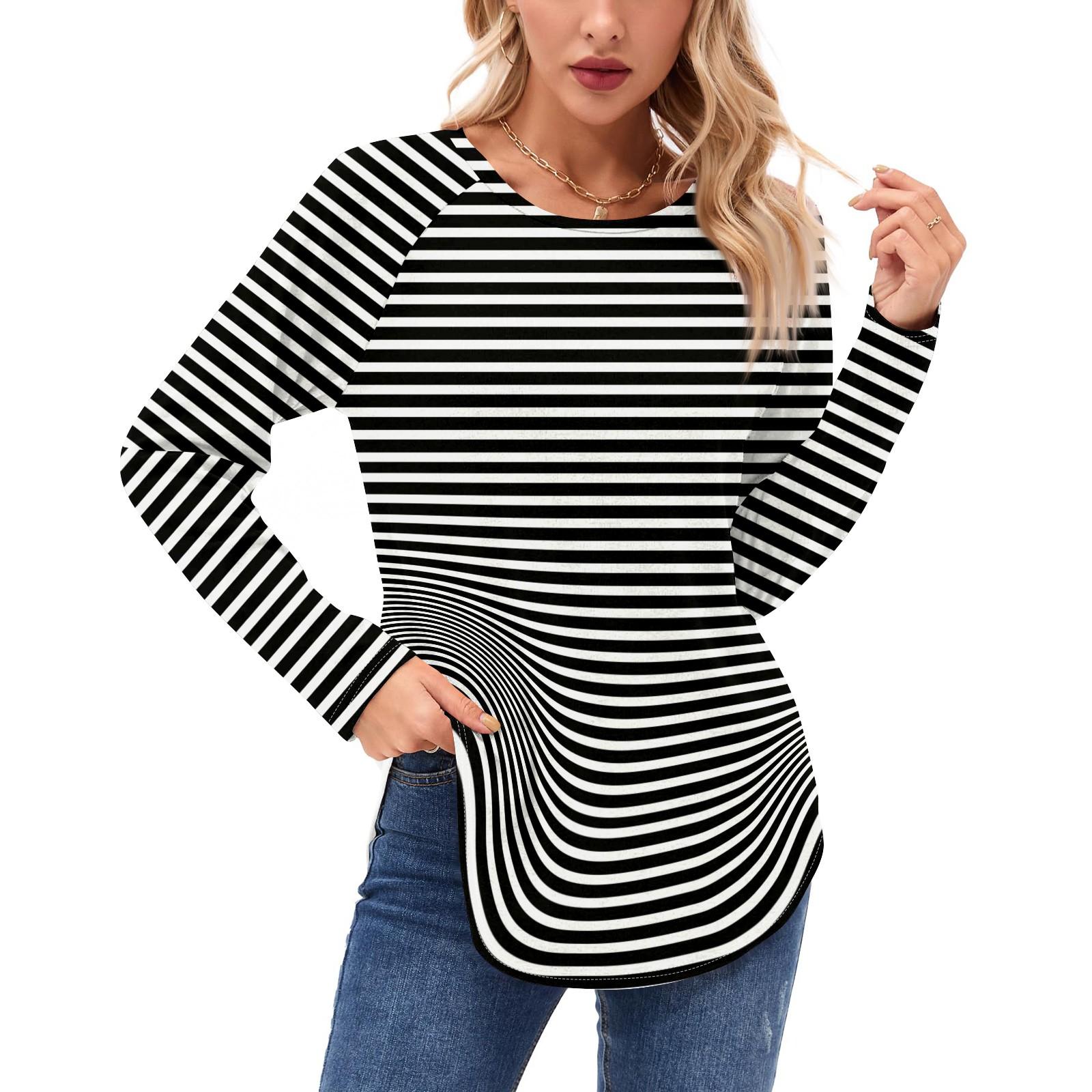 

Женские рубашки с длинным рукавом, повседневные, модные, с полосатым принтом, туники, топы, с круглым вырезом, базовая свободная футболка XXL киноварь