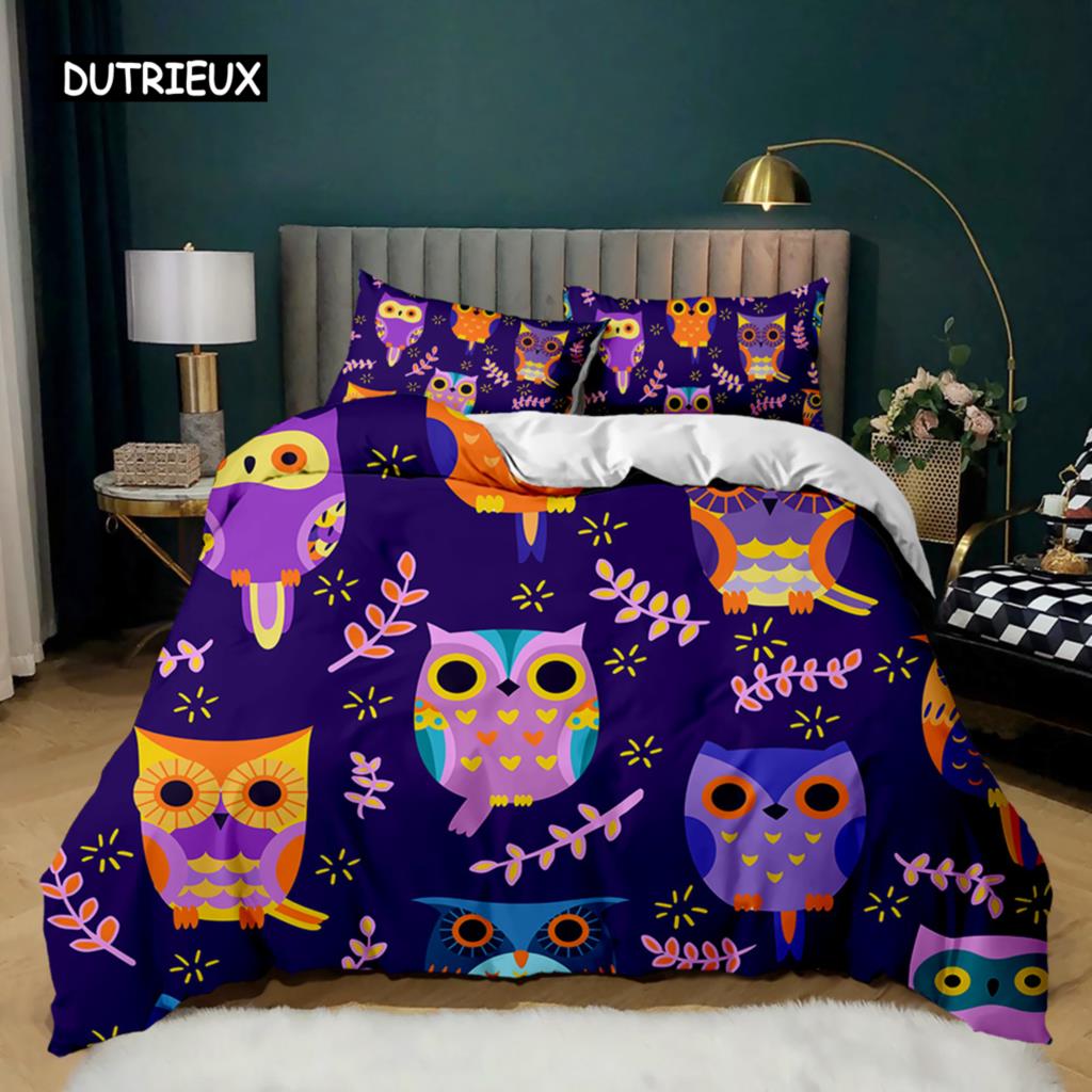Eulen-Bettbezug-Set, süße Eule und Sterne Dekor, Bettbezug, Weltraum-Bettbezug-Set, Kinder, süßer Tier-Polyester-Quilt-Bezug