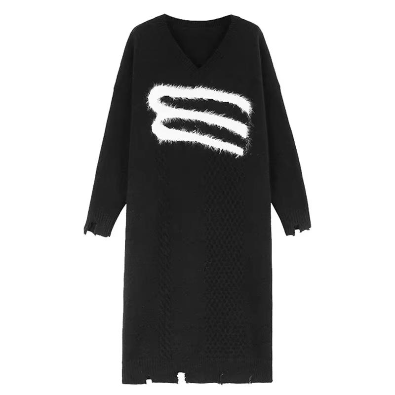 

Xitao V-образный вырез, трикотажное повседневное платье с длинными рукавами DMJ2918 One Size чёрный