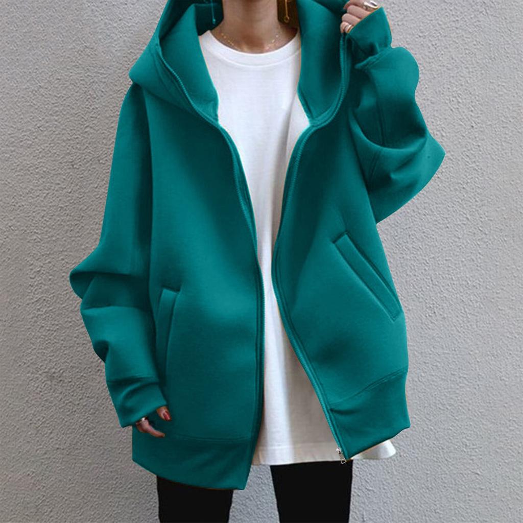 Spring and Autumn Four Seasons Women's Casual Loose Long Sleeve Zip-up Hoodie with Long Lining Coat
