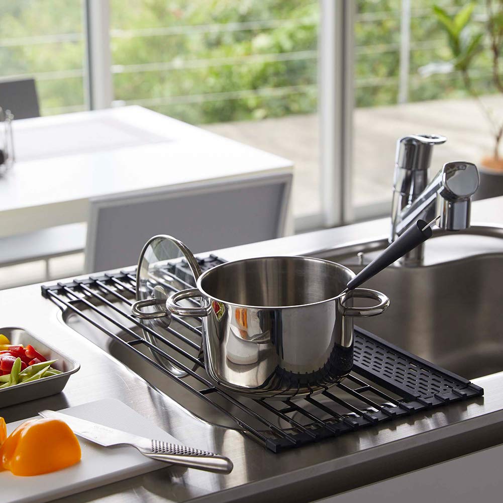 Yamazaki Hopfällbar Diskställningstorn med Silikon 42 x 26 x Inkluderar Bricka för Avrinning Liten Förvaringsskål 5058 Bricka, Liten, Svart, Ca. 0,8 cm,