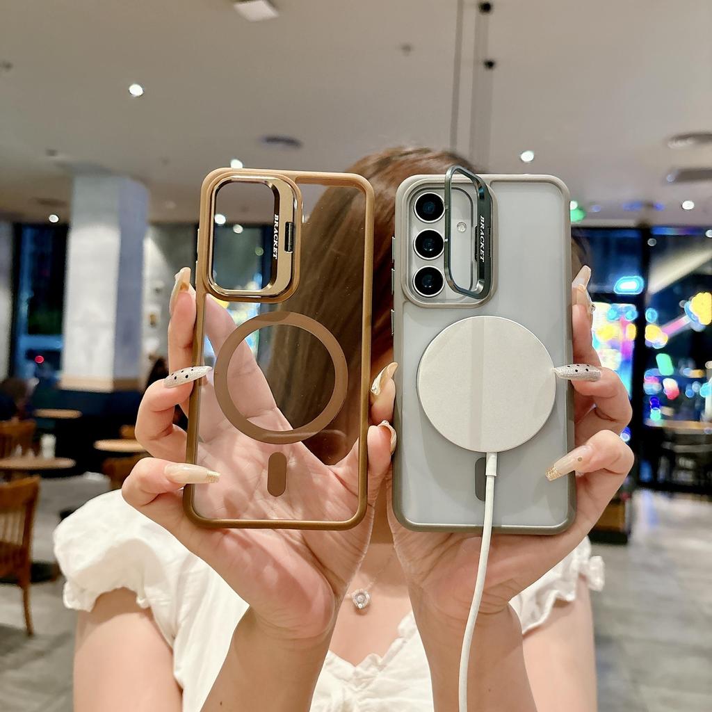 Solid Color Transparent Camera Len Stand Magnetic Charge Bumper Phone Case For Samsung Galaxy S25 Ultra S24 FE S23 Plus Soft Silicone Protection Cover