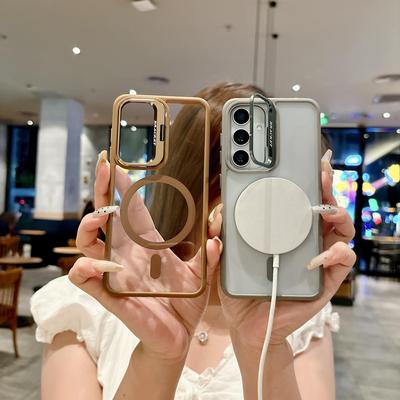 Einfarbig Transparent Kameraobjektiv Ständer Magnetische Lade Stoßfänger Handyhülle Für Samsung Galaxy S25 Ultra S24 FE S23 Plus Weiche Silikon Schutzhülle