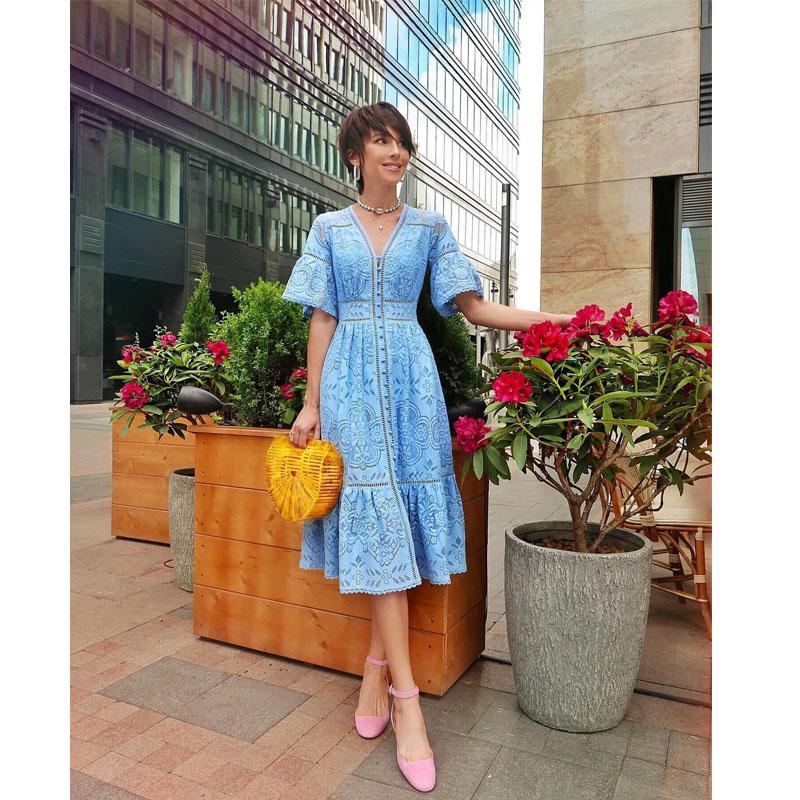 Dámské boho krajkové maxi šaty s výstřihem do V Letní prázdninové plážové ležérní dlouhé letní šaty