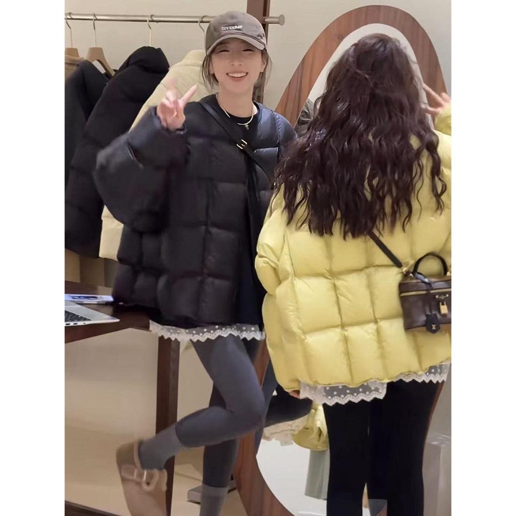 2024 Women's Fashionable Plaid Down Jacket - Casual Round Neck, Loose Fit, Warm Winter Coat