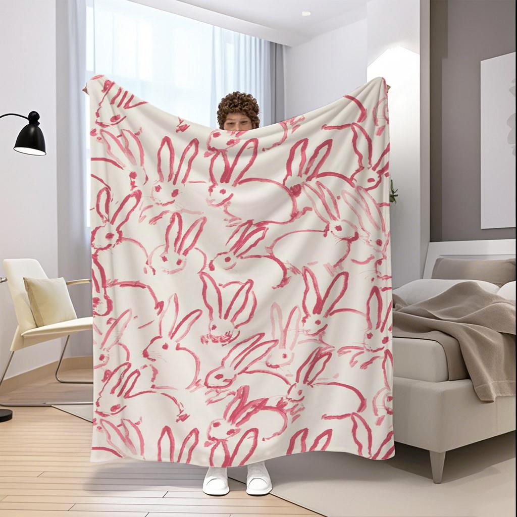 Pink Bunny Pattern Microfiber Flannel Cover Blanket Bedroom Living Room Sofa Soft And Comfortable Home Decoration