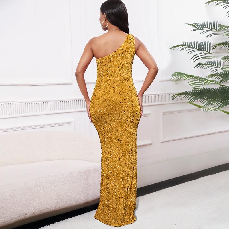 Damen Mode Ein Schulter Pailletten Schlitz Lang Sexy Formelles Partykleid