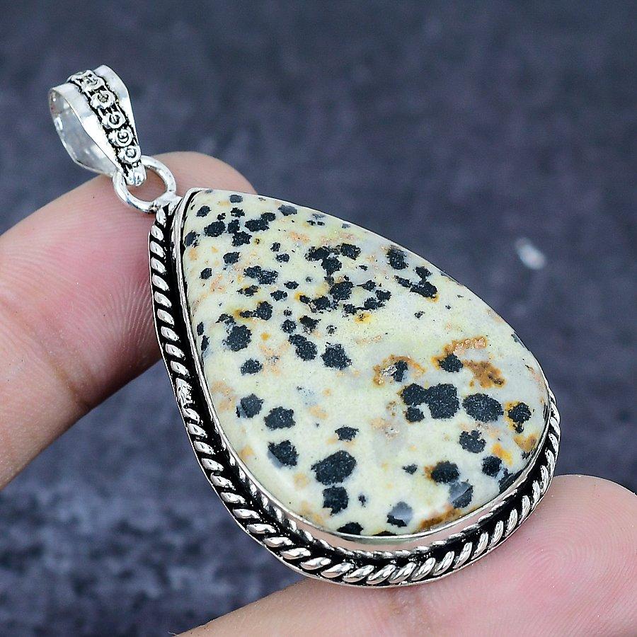Natural Dalmation Jasper Gemstone 925 Sterling Silver Jewelry Pendant 2.36" n0l09