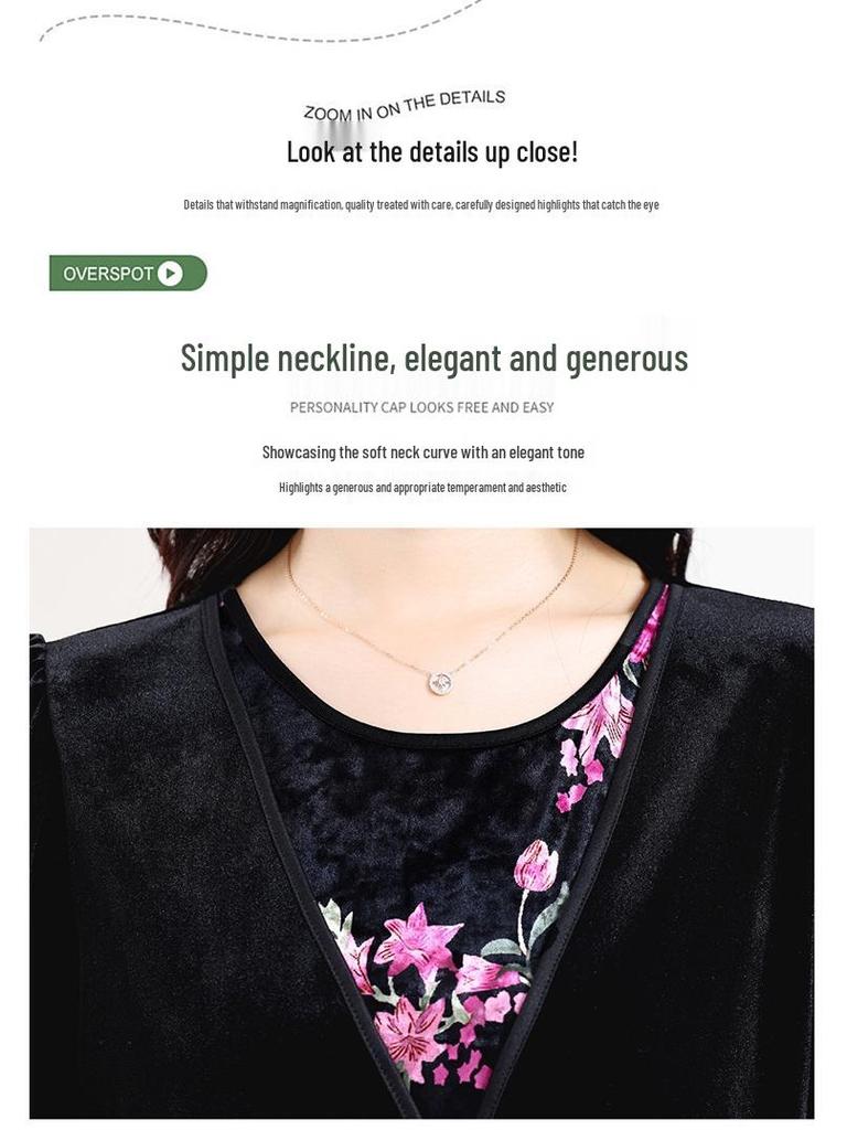 Gold Velvet Patchwork Two-Piece Dress for Middle-Aged Women - Age-Reducing and Stylish Long-Sleeved Attire for Spring and Autumn