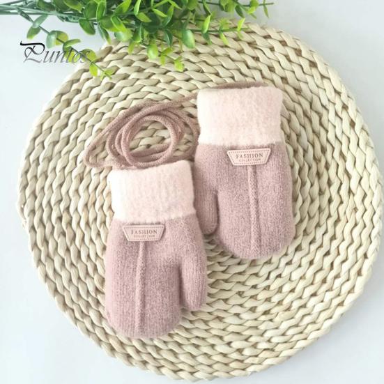 Children Mittens 1 Pair Hanging Rope Halter Thickened Fleece Lining Winter Woolen Yarn Gloves Letter Logo Solid Color Baby Knitting Knitted