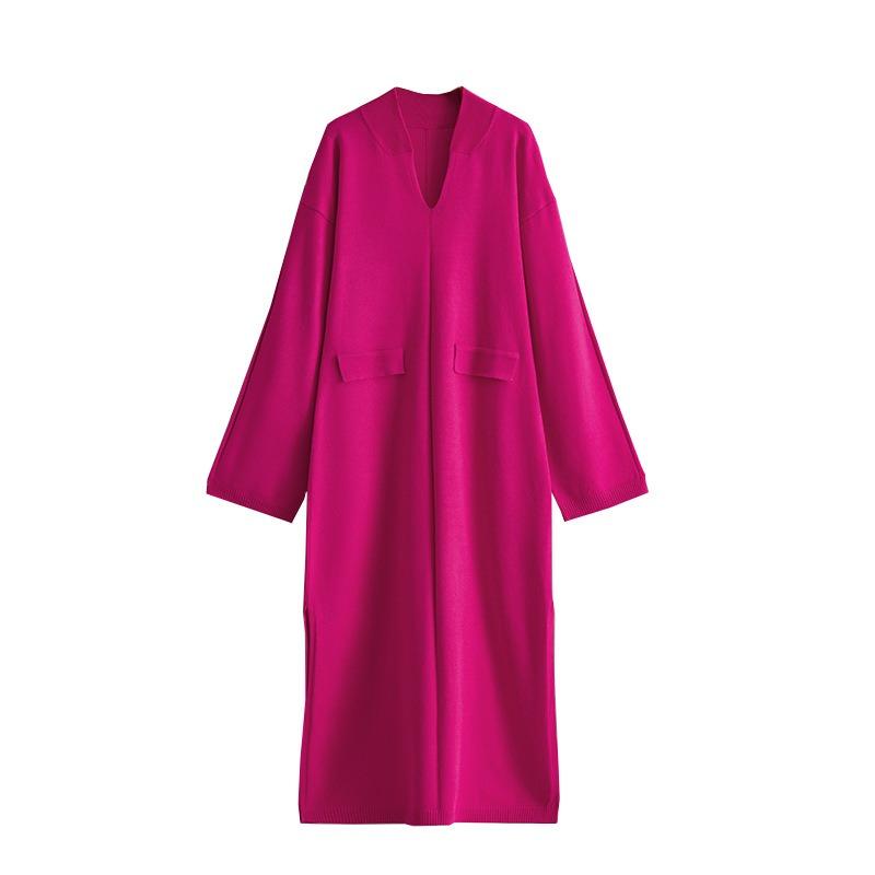 Autumn and Winter New Collar Solid Color Casual Loose Knitted Dress Split Fork Long Sleeve Large Size Long Skirt