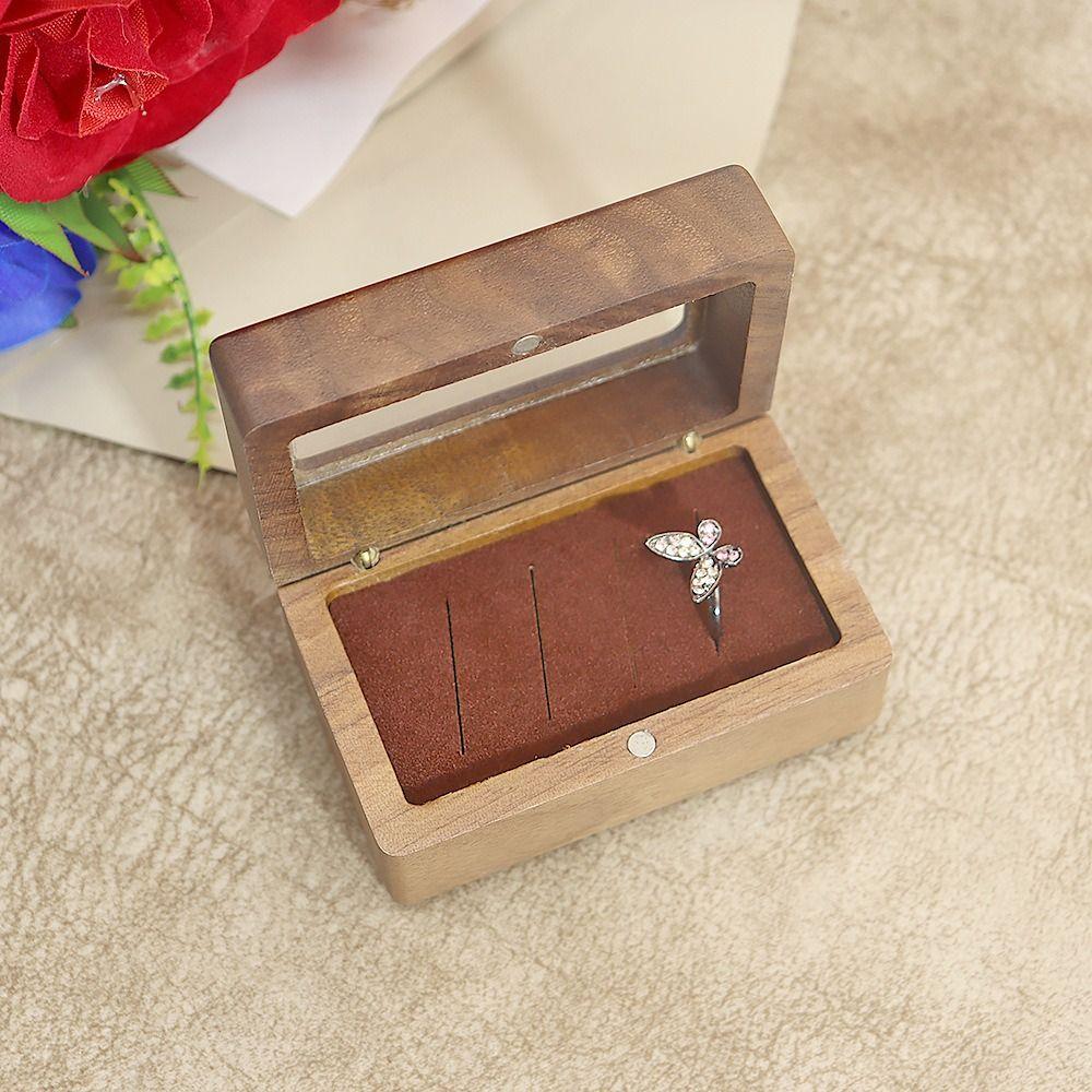 Magnetic Cover Square Rings Holder 4 Slots Jewelry Ring Holder Black Walnut Cufflinks Box  Wedding