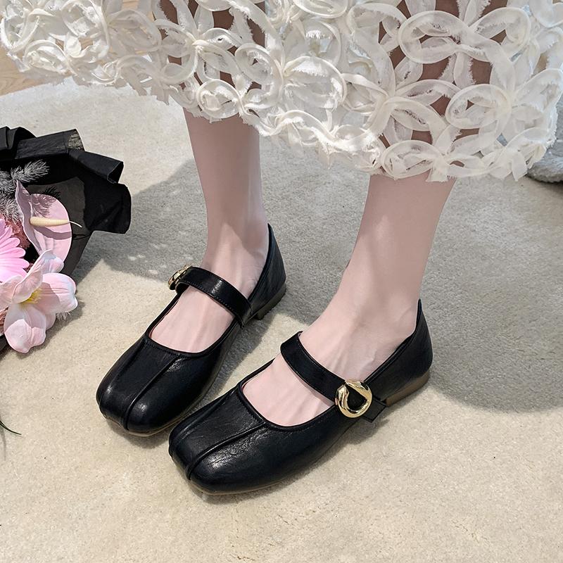 

Fashion 2025 Low Heel Single Shoes Fashion Square Toe Shallow Mouth Pleated Metal Buckle One Strap Soft Sole Non-Slip Block Heel Shoes 35 чёрный