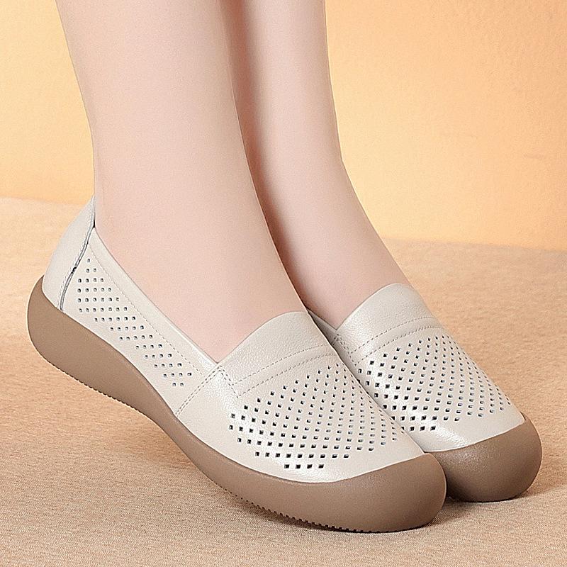 

Summer New Genuine Leather Thick-Soled Cropped Shoes, Hollow-Out Breathable Flat Women s Slip-On Casual Sandals 40 бежевий