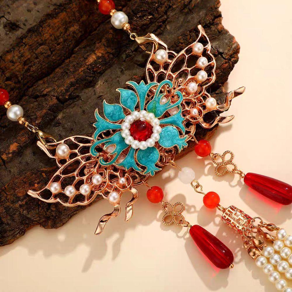 Ethnic Style Pearl Beadeds Necklace Exquisite Butterfly Pendant Necklace  Hanfu