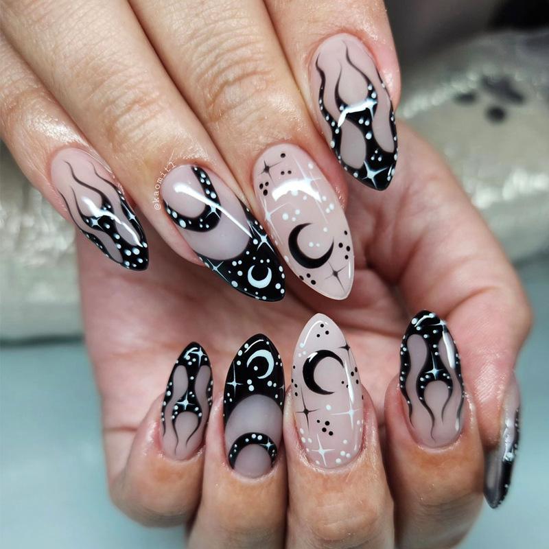 24PCS Black Gradient Medium Almond Press On False Nails with Glue Simple Moon Patterns French Fake Nails for Women Halloween Tip
